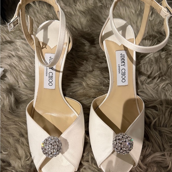 Jimmy Choo Ivory Satin Heels with Crystal Embellishment - Picture 2 of 8